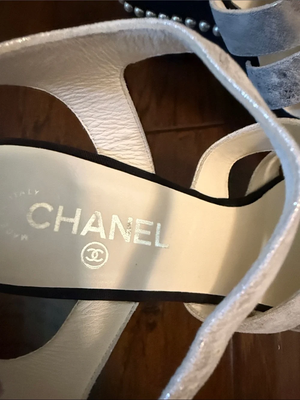 CHANEL Black Pearl-Trimmed Strappy Heel Sandals